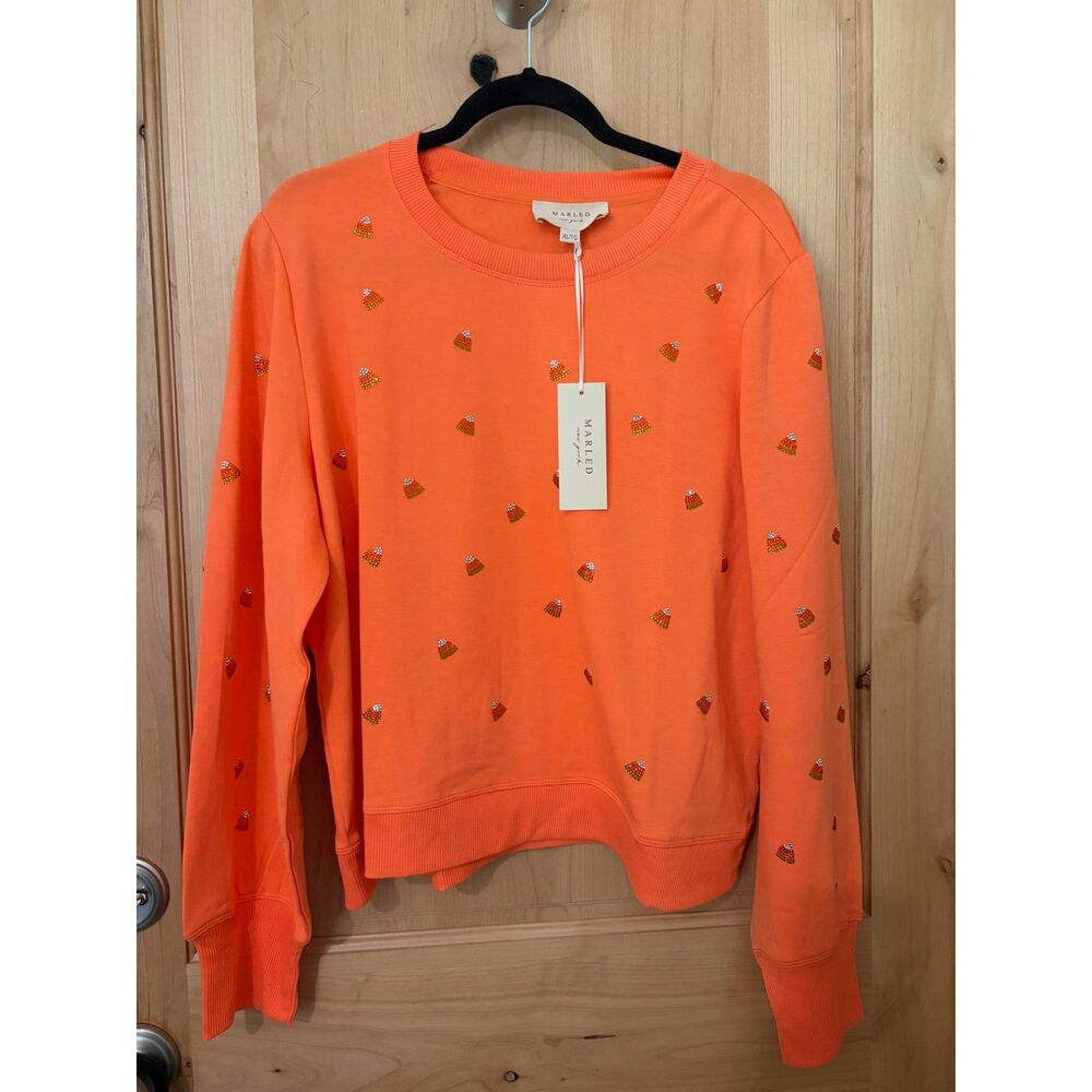 Marled New York Orange Candy Corn Rhinestone Crewneck Sweatshirt XL NWT